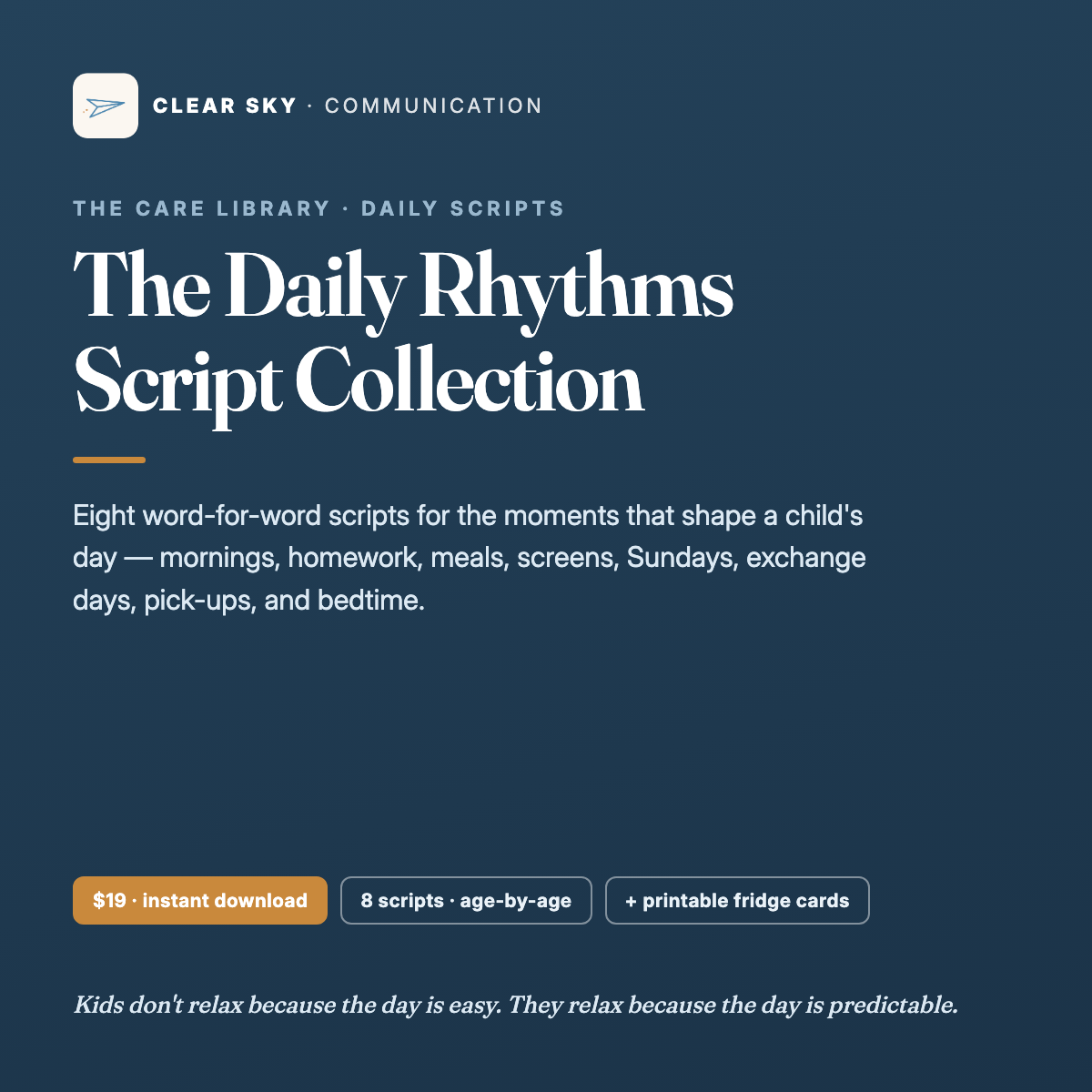 The Daily Rhythms Script Collection — eight word-for-word scripts with fridge cards, $19